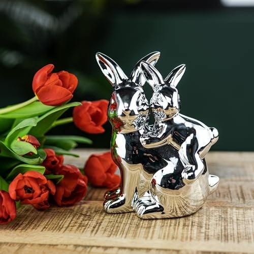 Keramik Osterdeko Hasen Huckepack 17 x 9cm Silber Dekofigur Oster-Dekoration Tisch-Deko Osterhase