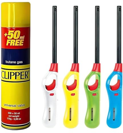 4 X BBQ Multicolour Refillable Safety Candle Fire Lighters With 1 Clipper Gas Refill Bottle