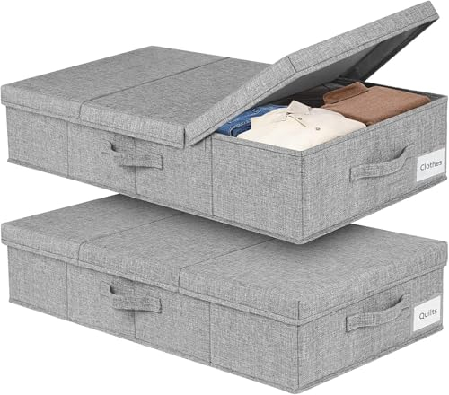 mepure Unterbett Aufbewahrungsbox, 2 Stück Unterbettkommode, 15CM Hoch Faltbare Aufbewahrungsbox mit Deckel Groß, Unterbettbox Organizer mit Griff Aufbewahrung für Schuhe Kleidung Decken Bettdecken