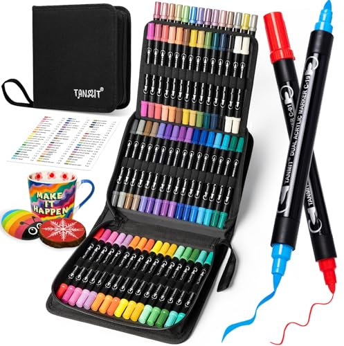 TANMIT 60 Colors Acrylic Paint Pens, Dual Tip Acrylic Paint Markers, Acrylic Pens for Rock Painting, Wood, Canvas, Stone, Glass, Ceramic,DIY Crafts Making Art Supplies-Brush