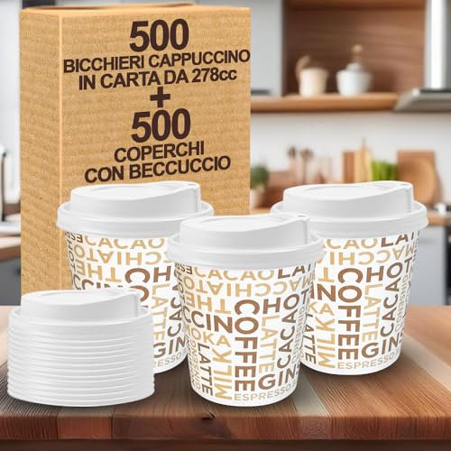 G.M. DISTRIBUZIONE 500 Bicchieri Cappuccino da 278ml con Coperchio a Beccuccio in Plastica, Bicchieri e Coperchi Usa e Getta, Ideale per Bar e Caffetterie, Asporto Bevande Calde