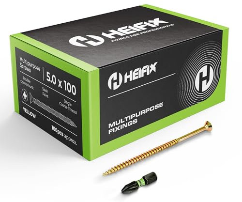 Heifix Multi-Purpose Wood Screws Pozi Double Countersunk - FREE Screw Bit Included (QTY 100, 5mm x 100mm)