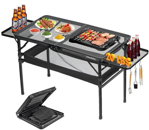 Thallike Portable Folding Grill Table with 2 Wing Panels, Camping Picnic Table Two Heights Available, Outdoor Grill Table with Heighten Mesh Desktop, Outdoor Table Picnic, Camping, Beach, BBQ, RV