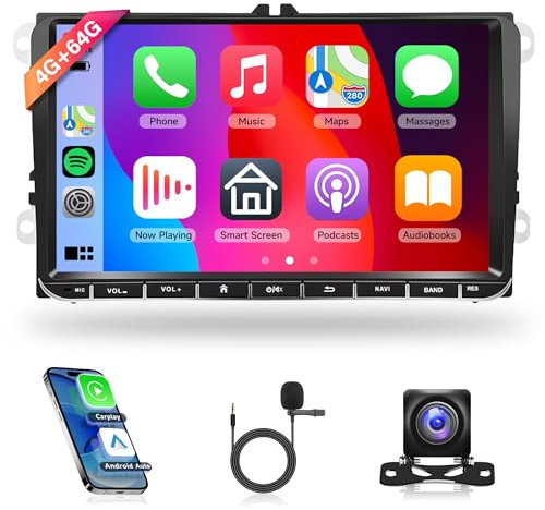 4G+64G Wireless Carplay Android Autoradio für VW Golf 5 6 Passat Polo Tiguan Touran Caddy Skoda SEAT 9 Zoll Autoradio mit Android Auto GPS Navi WiFi Mirror Link Bluetooth FM/RDS/DAB/SWC Rückfahrkamera