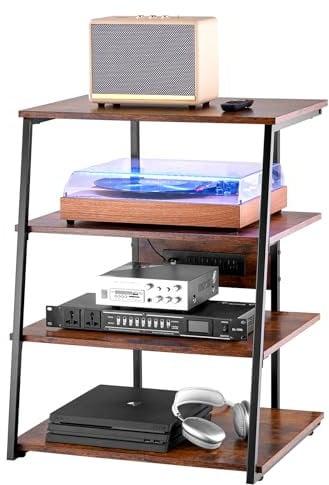 VEVOR Meuble Audio Visuel 4 Niveaux, Étagère Multimédia en Bois, Support TV d’Angle avec Multiprises et LED, Réglable en Hauteur, pour Lecteurs DVD/Décodeurs de Câbles/Consoles de Jeux, Marron