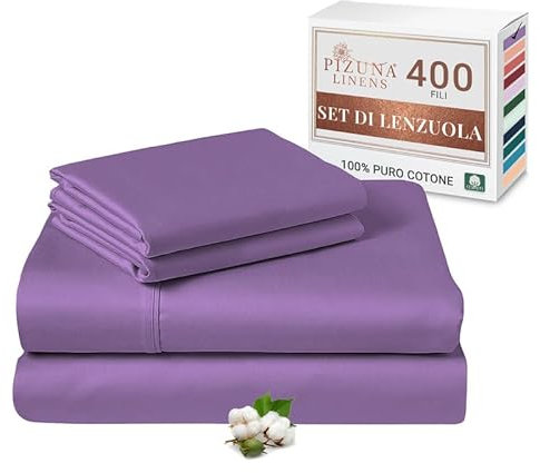 Pizuna Set lenzuola letto matrimoniale Cotone 140x200 cm Viola, 400 fili in 100% cotone a fiocco lungo Sateen Biancheria De Letto con 1 lenzuolo con angoli, 1 lenzuolo sopra, 2 federe