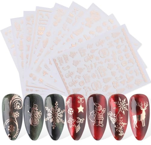 ZILZUFA Nagelsticker Weihnachten 9 Blatt Nail Art Sticker Nagelaufkleber Weihnachten Aufkleber Nägel Selbstklebend Roségold Schneeflocke Urlaub Christmas Dekoration Nageldesign Zubehör