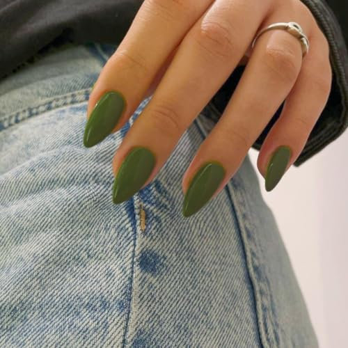 SXVME Olive Green False Nails Medium, Acrylic Press on Nails Almond Solid Color Full Cover Fake Nails Medium Stiletto Stick on Nails for Women DIY Nail Art 24 Pcs