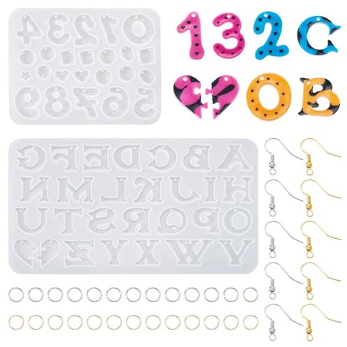 PandaHall Lot de 2 moules en résine de silicone en forme de lettre de A à Z, chiffres de 0 à 9, moules en résine époxy en forme de demi-cœur pour fabrication de bijoux