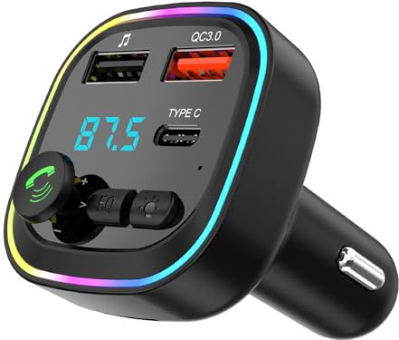 Trasmettitore FM Bluetooth 5.3 per Auto, Adattatore Audio Radio, QC3.0 Wireless Kit MP3, 2 porte USB e 1 Type-c, Chiamata Vivavoce, Supporta USB/TF/micro SD