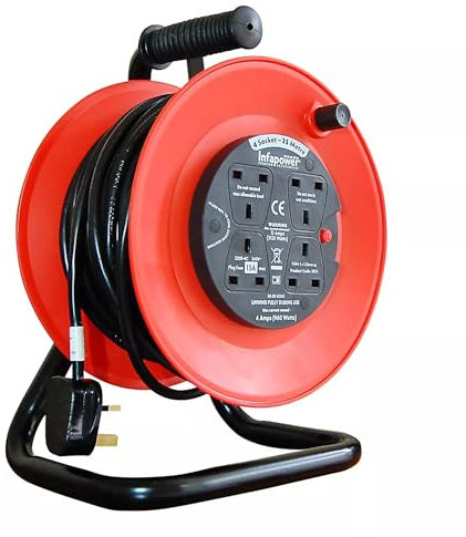 Lettuce Eat® 4 Way Socket 25M Cable Reel - Thermal Cut Out and Resetting Switch - Heavy Duty Cable and Portable - Extension Lead for Outdoor and Indoor Use - Red and Black