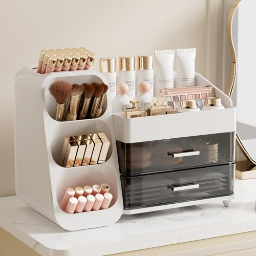 FoiiLiio Make Up Organizer per Cosmetici, Organizer per trucchi Grande Organizer per Trucco con 2 Cassetti per Comò, Bagno, Camera da Letto (Bianco)