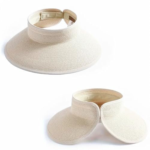 FuninCrea Sombrero Paja Mujer con Bolsa Almacenamiento, Sombreros de Paja Mujer Plegables UPF 50+ para Vacaciones Viajes Playa, ala Ancha Sombrero de Sol para Mujeres (Beige)