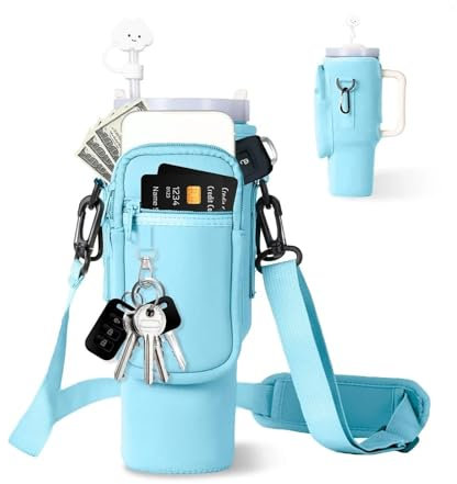 ZYAGH Sacs pour Bouteilles d'eau 1pc Bottle Cover Water Bottle Carrier Bag with Phone Pocket for Tumbler with Handle Water Bottle Holder Pouch pour Bouteilles d'eau(Blue)