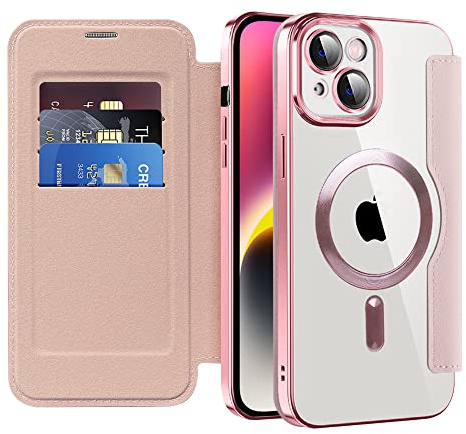 QIWEIQING Case for iPhone 14 with Card Holder. Rose Gold JDC | Compatible with MagSafe, RFID Blocking, Shockproof, Premium Leather Flip Wallet Cover, Magnetic Clear Silicone Back