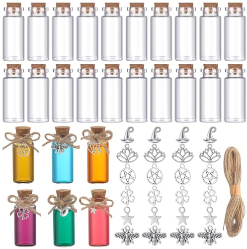 LemonRoad 24 Pcs Spell Jars for Witchcraft Small Tiny Glass Spell Potion Bottles with Cork and 24 Pendants Witchcraft Supplies Gifts Wishing Bottles with Rope for DIY Crafts