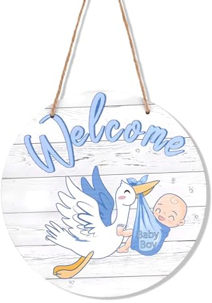 Baby Willkommensschild, Holzkranz zum Aufhängen zur Geschlechtsenthüllung Neugeborenen-Ankündigungstafel Rustikal Bauernhaus-Kinderzimmerdekor für Babyparty Haustürdekoration (Junge, Blau)