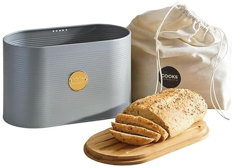 Cooks Professional Ribbed Bread Bin with Linen Bag & 2-in-1 Bamboo Cutting Board Lid | Modern, Stylish & Breathable Countertop Food Storage Canister for Loaves, Rolls, Pastries | Grey/Gold