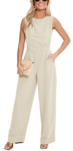 CUPSHE Damen Jumpsuit Rundhals Ärmellos Overall Plissee Weite Beine Playsuit mit Taschen Elegant Hosenanzug