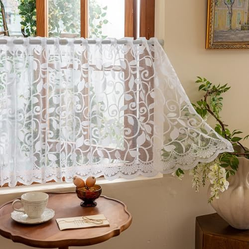 Yaland Jacquard Scheibengardine Landhaus Stil transparente Küchen Vorhang Gardine Blumen-Blätter Design Café Tür Vorhang Küchengardine mit Stangendurchzug Kleinfenster 1 Stück Weiß HxB60x74cm