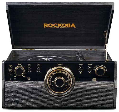 ROCKOLLA - Tocadiscos Retro Bluetooth de Vinilo, Altavoces Estéreo【33/45/78 RPM】 Giradiscos Vintage | Radio FM, Cassette, CD, MP3, USB, SD, Grabadora | Salida RCA/Aux In (Vanguard Black)
