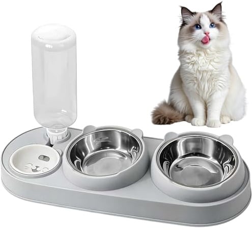 Shudyear Three in One Cat Bowl, Cat Bowl with Stand Tilted 15°, Cat Food Bowl and Cat Water Bowl Set, Double Cat Bowls with Water Dispenser, Anti-Spill and Adjustable Pet Food Bowl (Grey)
