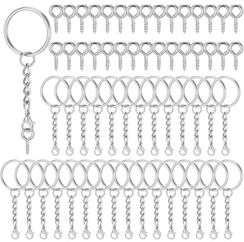 FdcLixuvol 60 Stück Schlüsselanhänger Karabiner Schlüsselanhänger Basteln | 30 Stück Schlüsselring Mit Kette +30 Schrauböse Pins, Schlüsselanhängers Rohling Für DIY Schlüssel Machen Basteln(Silber)