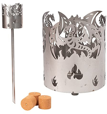 Gartenfackel für draußen Motiv Drache 3X Brennelemente - Holzspäne mit Wachs - Schwedenfackel Pelletfackel Feuersäule Flammschalen Wachsfackel Gartenleuchte