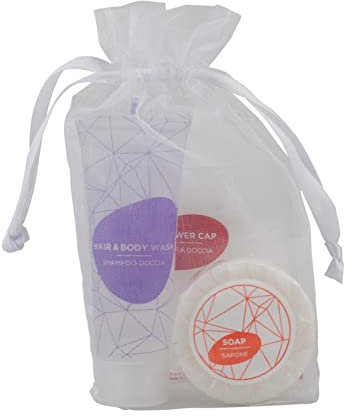 PRESENT-MORE - Set Cortesia 100 Ospiti Stone - Fragranza Relaxing - Contiene: Shampoo Doccia, Sapone e Cuffia - Per Hotel e B&B