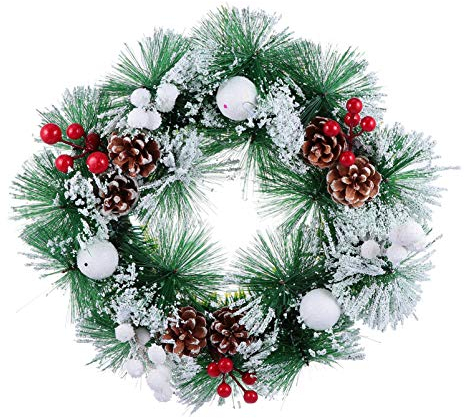 Amosfun Türkranz mit roten Beeren Zapfen und Frost Schnee Kranz Dekoration Weihnachtskranz Wandkranz Adventskranz für Winter Weihnachten Parties Hochzeiten Zuhause Fenster Wand Tür 32 cm