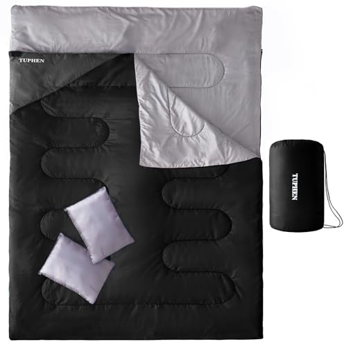 Tuphen - Saco de dormir doble con 2 almohadas, tamaño Queen XL para 2 personas, para tiempo frío y cálido, 3 estaciones, impermeable para adultos, para camping, viajes con mochila o senderismo