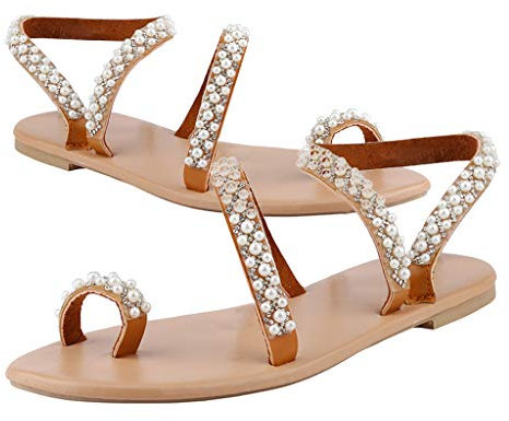 SUNNSEAN Strandsandalen Sommerschuhe Zehentrenner Komfortable Damen Riemchen Flache Sandalen Böhmen Elegante Lace Spitze Blumen Freizeit Vintage Zehe Ring Gladiator Sandalen Römische Schuhe