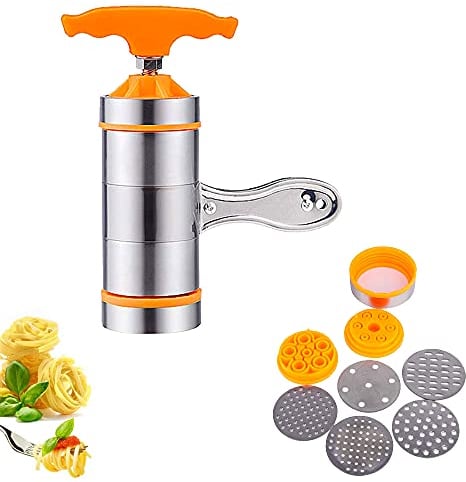 Machine à Pâtes Manuelles, Presse à Pâtes Manuelle, Machine à Nouilles Manuelle, Machine à Pâtes en Acier Inoxydable, Livré Avec 7 Moules pour Spaghettis Manuels, Presse Nouilles de Riz, Lasagnes
