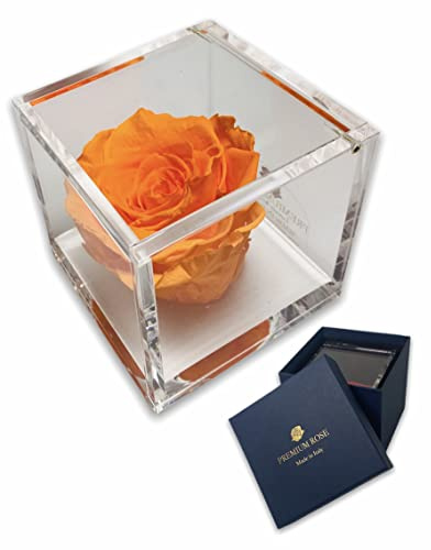 Passionefiori.it S 1086 Luxury Rose Stabilizzate Vere in Cubo più Spesso Luxury 8cm e Scatola Regalo Lusso, Cubo Rosa stabilizzata Arancione, Rosa eterna
