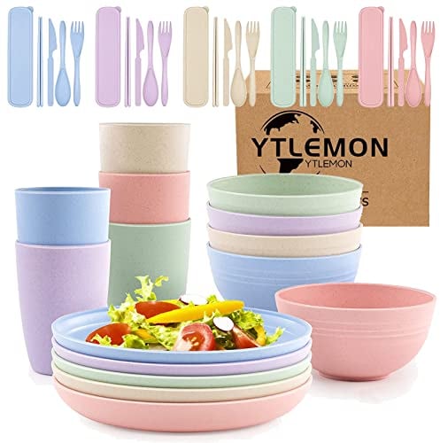 Plates and Bowls Set, Plastic Dinnerware Sets 40Pcs, Picnic Camping Dinner PP Sets, Party Dinner Plate Mug Cutlery Set, Unbreakable and Lightweight Serving Bowls, Cups, Forks, Tableware