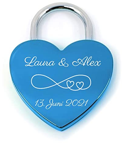 Liebesschloss24 Herzschloss Blau mit persönlicher Diamant-Gravur 1 Schlüssel Romantisches Geschenk, ‎67 x 38 12 mm
