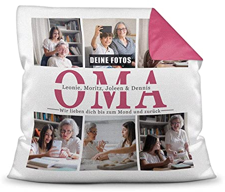 Foto-Kissen selbst gestalten - Oma wir lieben Dich - Collage mit 6 Fotos & Namen - Geschenk für die Beste Oma von Enkelkindern - inkl. Füllung, Farbkissen Rückseite Pink, 40x40 cm