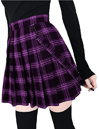 HanzhuoLG Gonna a Pieghe Stile College da Donna Gonna Corta Gonna Scozzese a Vita Alta Popolare per Giovani Gonna Corta a Trapezio (con Cintura) Viola 5XL