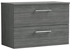 nuie ARN526W Arno Modern Bathroom Wall Hung 2 Drawer Vanity Unit with Colour Worktop, 800mm, Woodgrain Anthracite