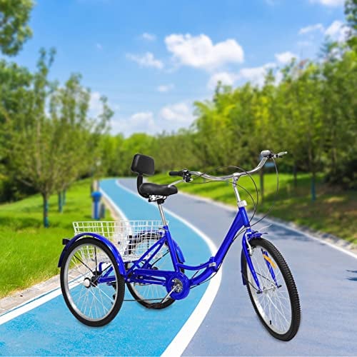 TIXBYGO 24 Zoll faltbar Dreirad Erwachsene Fahrrad für Senioren Lastenfahrrad 7-Gang Faltbar Dreirad für Erwachsene 3-Rad Fahrrad Klappbar mit Einkaufskorb, Einkaufskorb und Licht (Blau)