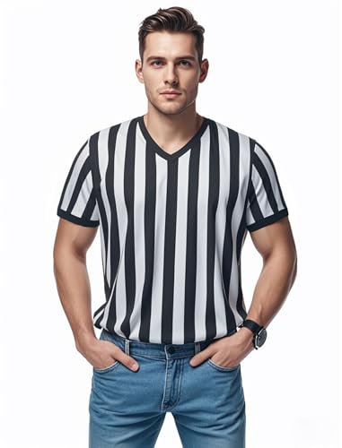 Men's Official Long Sleeve Black & White Referee Shirts Jersey Ref Umpire Uniform Basketball Football Hockey, Black & White-short Sleeve V Neck, XXL
