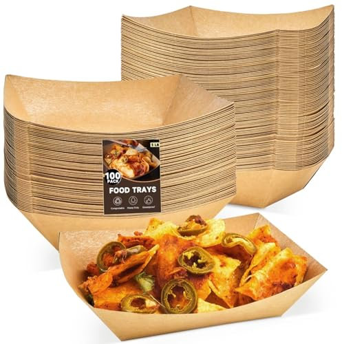 ZORRITA 100 Pack Paper Food Trays 3 lb Disposable Brown Food Holder Take Out Food Serving Boats for Party Snacks French Fries Nachos Hot Dogs Tacos BBQ