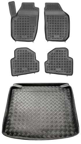 MOTOS Satz Gummifußmatten und PE Kofferraumwanne für Skoda Fabia II 2007-2014 Verbessern Sie Ihren Reisekomfort mit Antirutschmatte Auto - Allwetter fußmatten Auto, Schutz vor Verschmutzung