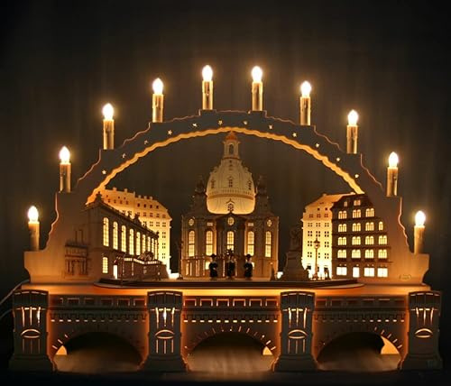 Tietze Erzgebirgsdesign Großer 72cm 3D 10 Kerzen Schwibbogen Frauenkirche Dresden mit Unterbank Augustusbrücke - Feine Handarbeit Erzgebirge Weihnachten erzgebirgischer Lichterbogen