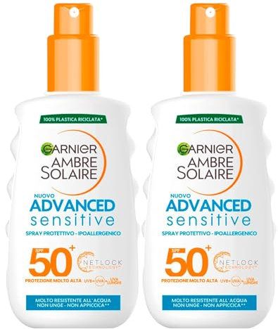 Garnier Ambre Solaire Advanced Sensitive Sonnenspray für Gesicht und Körper SPF 50+ Sehr hoher Schutz gegen UVA-UVB-Formel, wasserdicht, Netlock-Technologie, 2 Flaschen à 200 ml