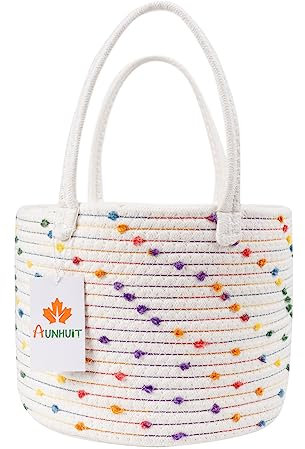 AUNHUIT Small Toys Storage Basket 25x20CM for Shelves/Organizer | Baby Nursery Hamper | Kids Cotton Rope Decor Storage Bin | Woven Laundry Basket | Small Rainbow Closet Hanging Baskets for Storage