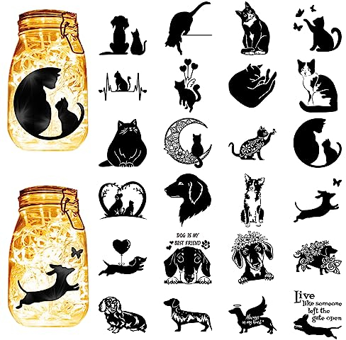 CREATCABIN 24 Stück Schwarze Katze,Hund,Silhouetten,Einmachglas,Laterne,Laserausschnitte,Kunststoff,Sammelalbum,Dekorationen Für Gläser,Wand,Fenster,Glas,Bastelgeschenke,10x9cm