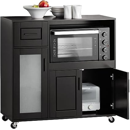 SoBuy Meuble Micro-Ondes Buffet Commode sur roulettes Armoire de Cuisine avec 3 Portes, 1 Tiroir, 1 Compartiment, pour Cuisine, Salle à Manger, 88,5x40x89 cm, Noir, FSB78-SCH