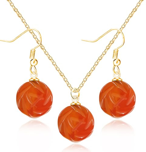 Uloveido Y4172 Parure de bijoux avec collier et boucles d'oreilles en forme de rose sculptée à la main en pierre naturelle pour femme