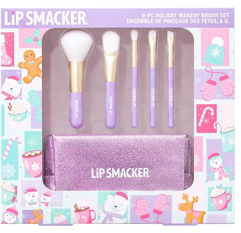 Lip Smacker Holiday Makeup Brush Set, Ensemble de Six Pinceaux de Maquillage pour Poudres de Visage, Blush Crémeux, Fards à Paupières et Eyeliners, le tout Dans le Sac de Maquillage